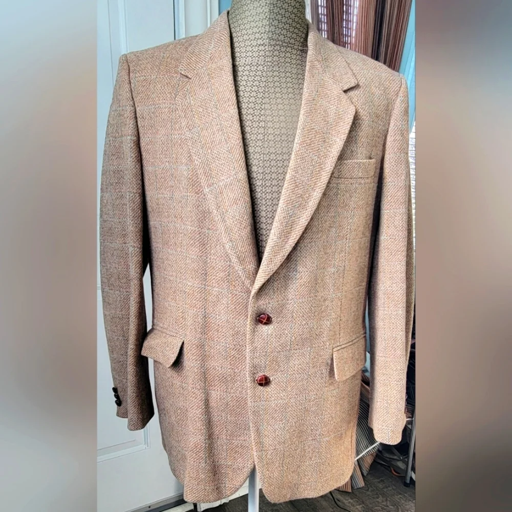Vintage 80's Jordache Blazer Men's 44L Tan Faded Plaid 100% Wool Sport Coat